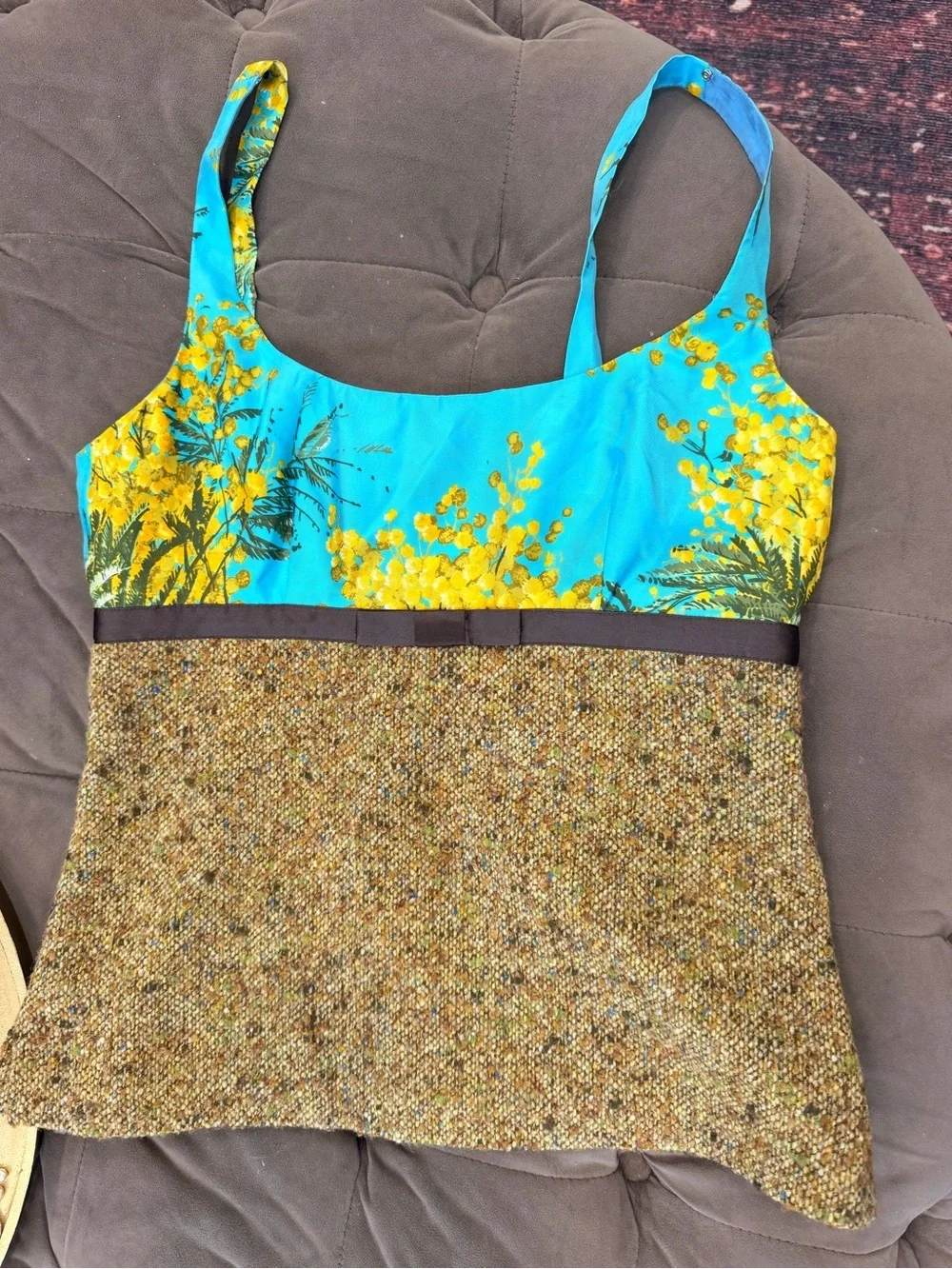 Silk & tweed Floral Turquoise & Yellow Mixed-Texture Tank Twee